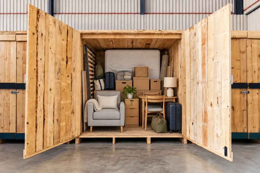 Storage pod at Cape Storit Maitland packed with an armchair, mattress, chest of drawers, dining chair, boxes, suitcases and a lamp